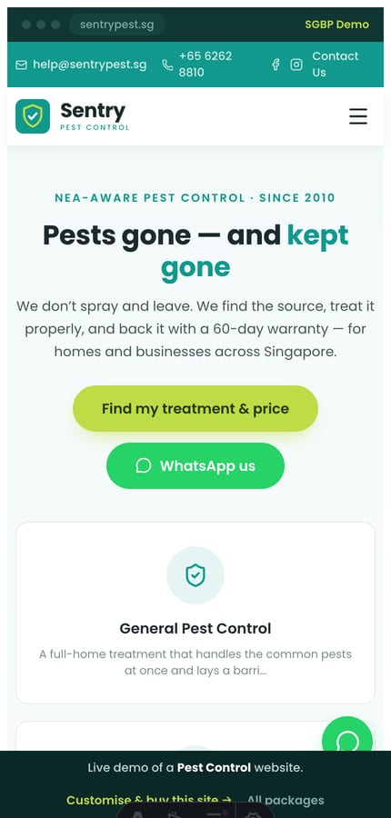 The Sentry pest-control website on mobile — the centered hero and pest cards at 430px