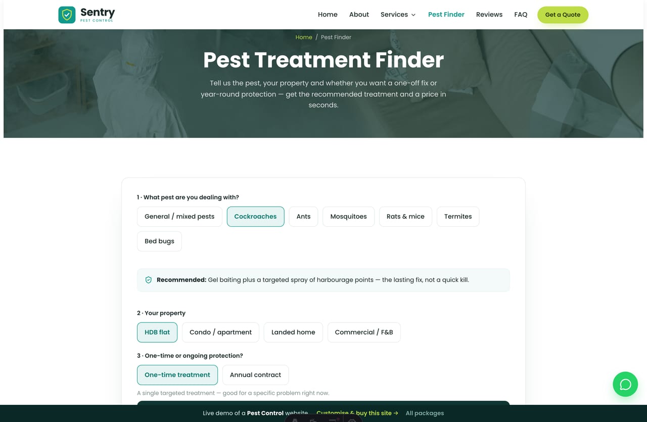The interactive Pest Treatment Finder on the Sentry demo — pick the pest, property and plan for the recommended treatment and a price