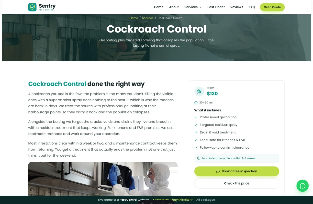 A service detail page on the Sentry demo — a dark photo banner, a teal-H2 article and a sticky price/includes card