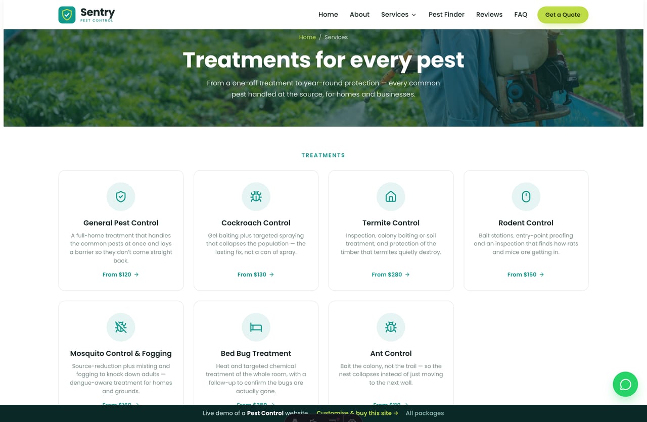 Services page on the Sentry demo — general, cockroach, termite, rodent, mosquito, bed bug, ant control and disinfection as icon cards