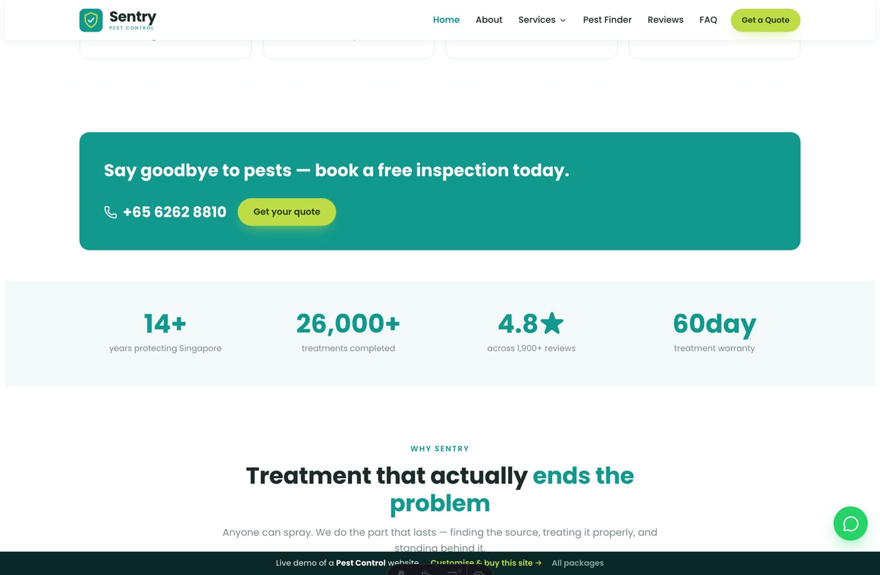 The why-us pillars on the Sentry homepage — source-first treatment, family-safe products and a warranty
