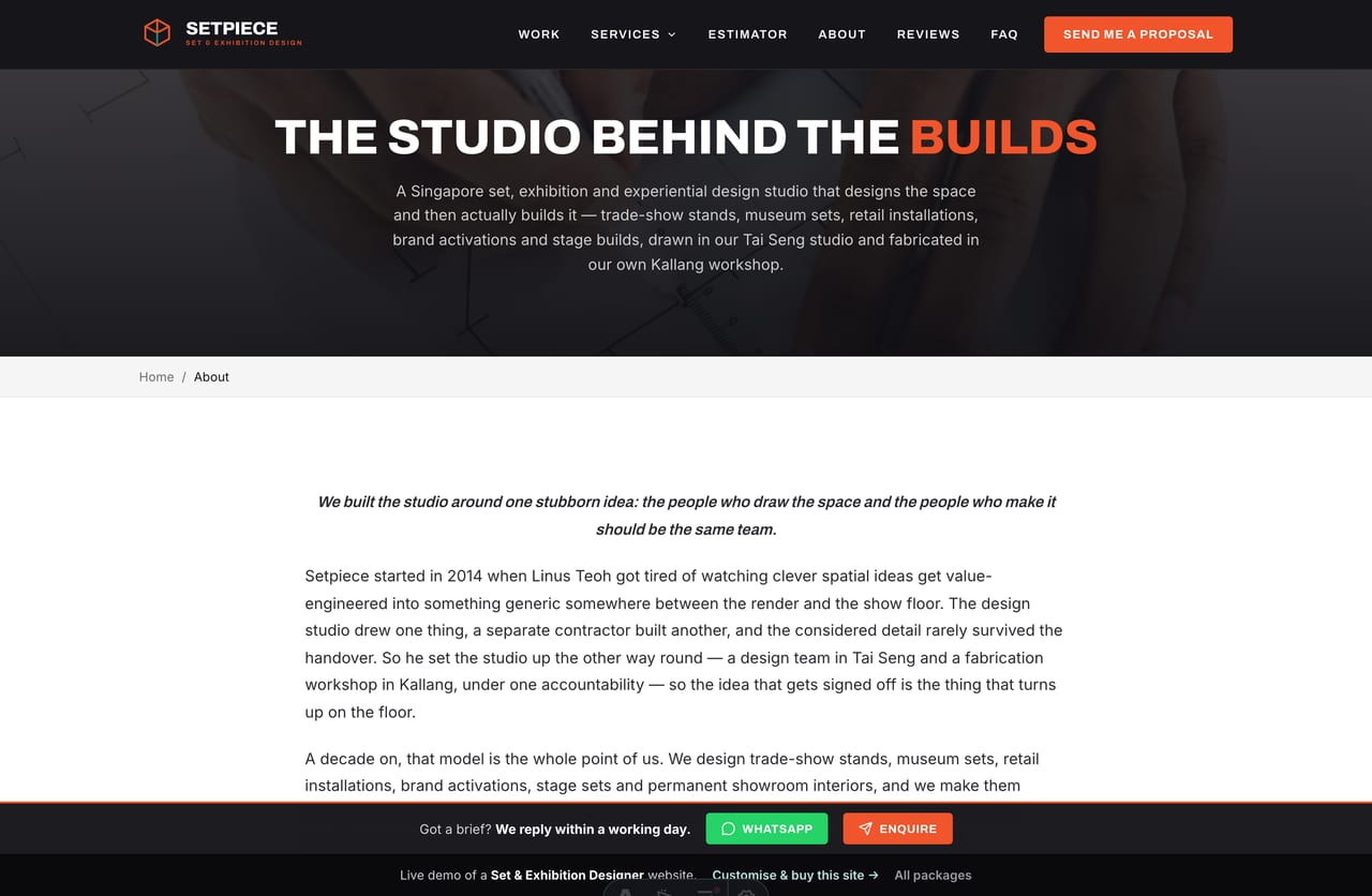 About / studio page on the Setpiece set & exhibition designer website