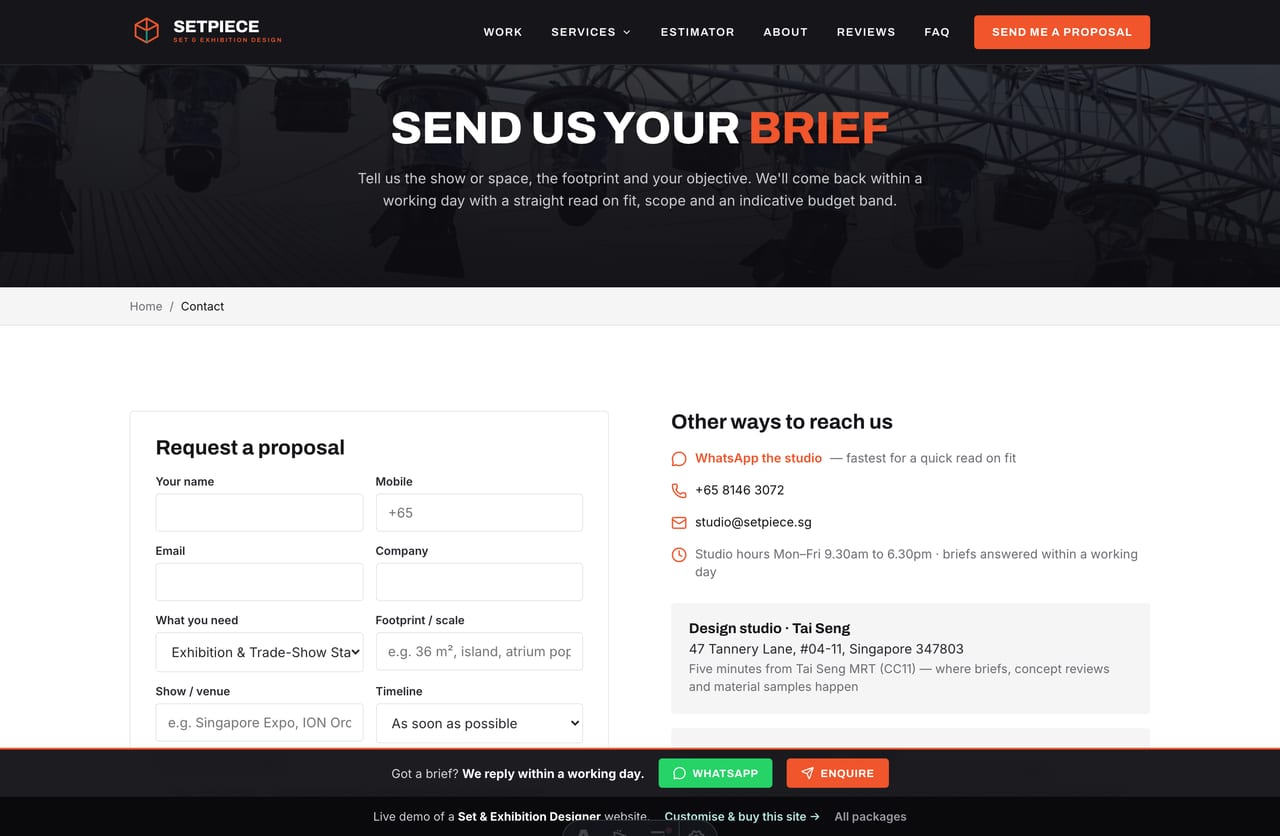 Contact and proposal-request page on a Singapore exhibition designer website