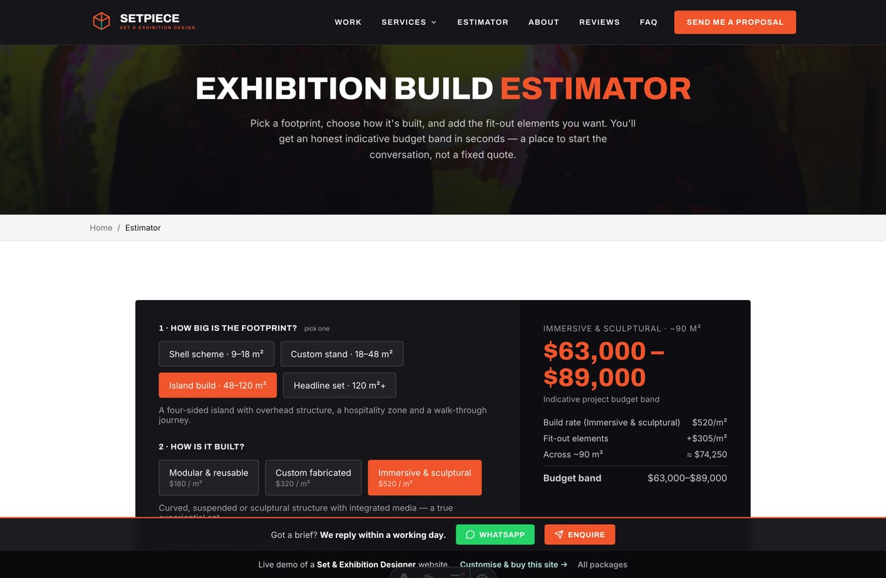 Interactive exhibition build estimator on a Singapore set designer website