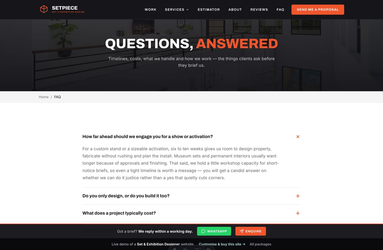 FAQ accordion on a set and exhibition designer studio website in Singapore