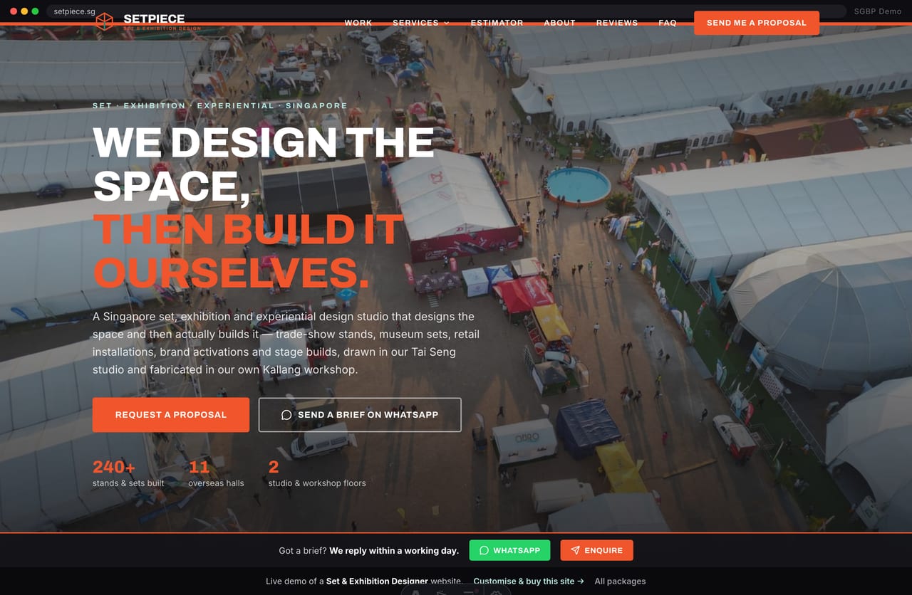 Setpiece set & exhibition designer website homepage demo — full-bleed dark hero and showcase work grid (Singapore)