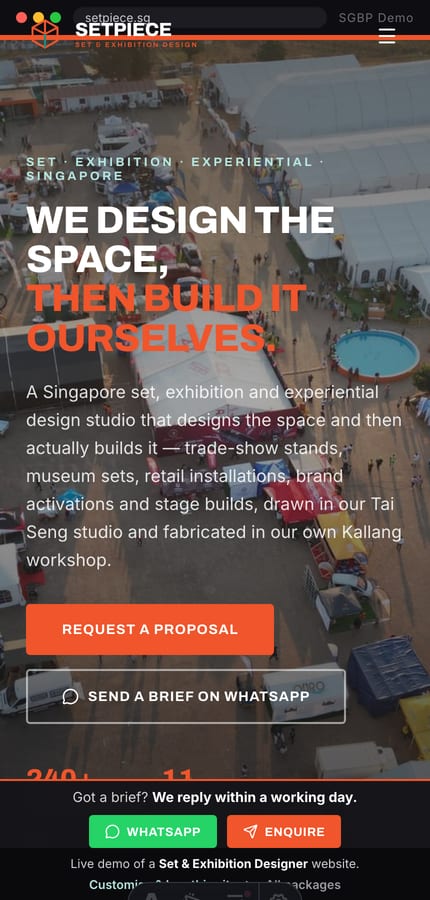 Mobile view of the Setpiece exhibition designer website with full-bleed hero
