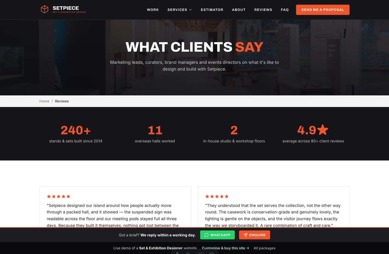 Client reviews page on a Singapore exhibition stand designer website