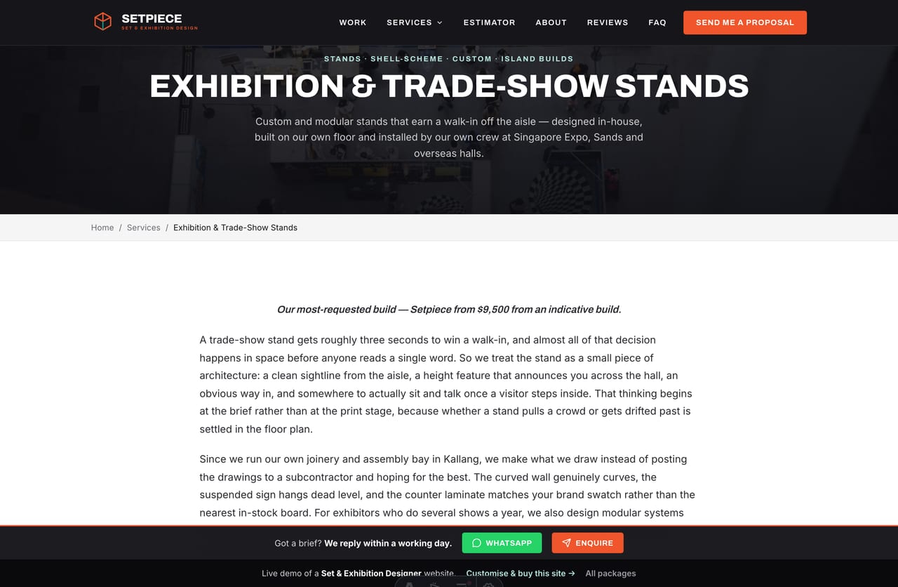 Service detail page for exhibition and trade-show stands on a Singapore studio website