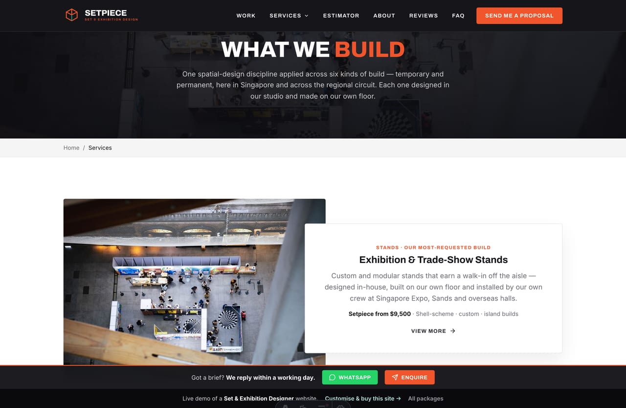 Services page with alternating offset cards on an exhibition designer website