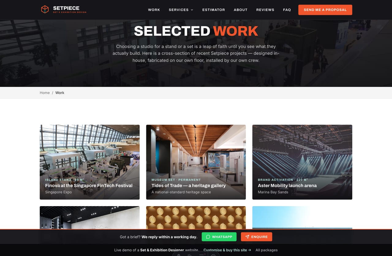Selected work showcase grid on a Singapore exhibition stand designer portfolio website