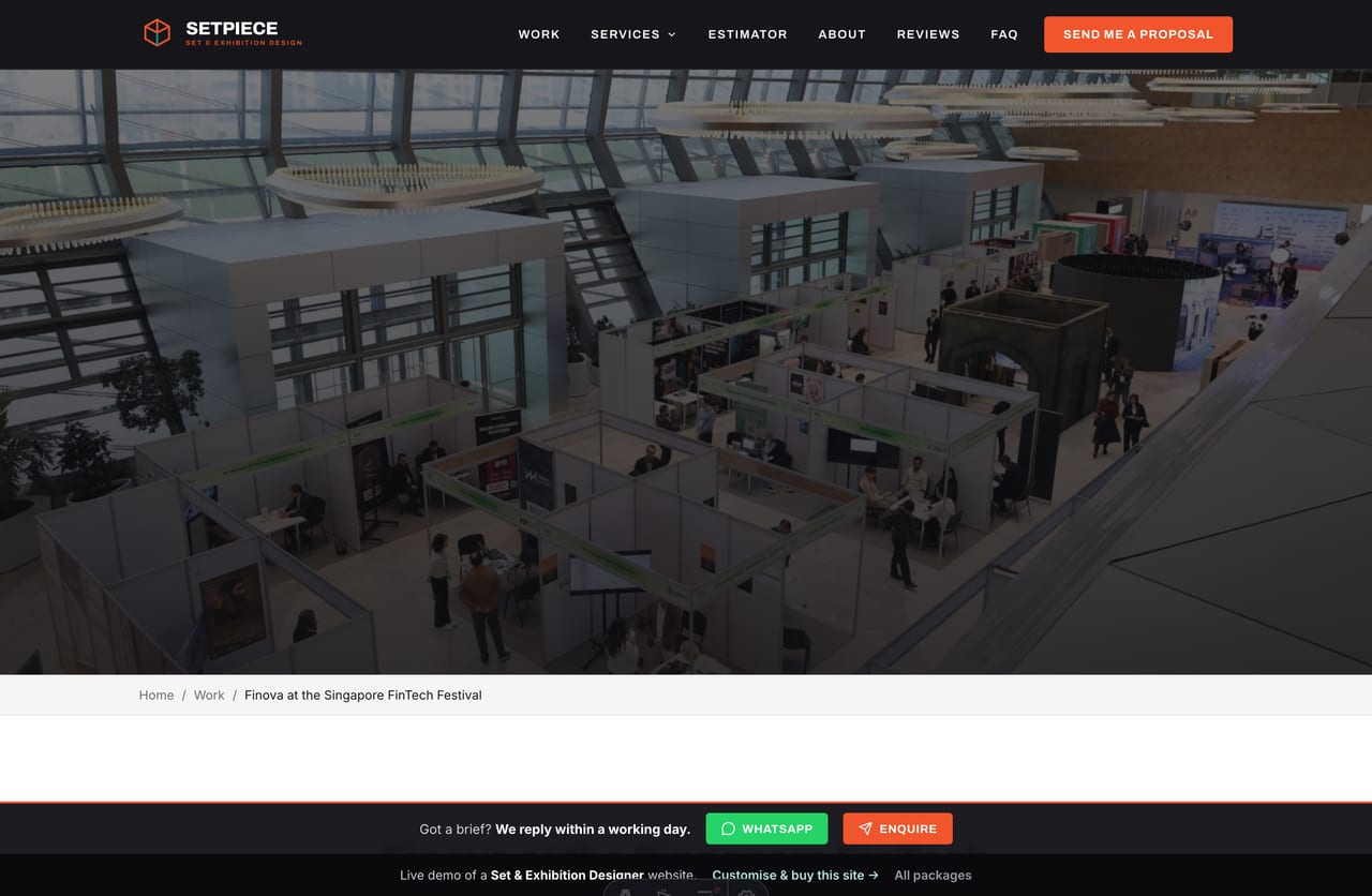 Project case-study page with image gallery on an exhibition designer portfolio website