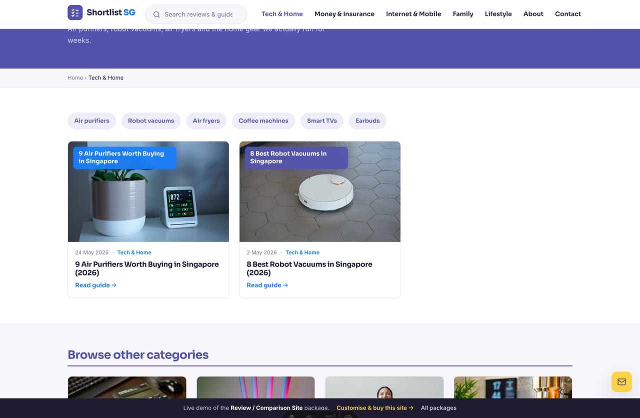 A category hub page on the Shortlist SG demo — Tech & Home with topic pills and a grid of roundup-article cards