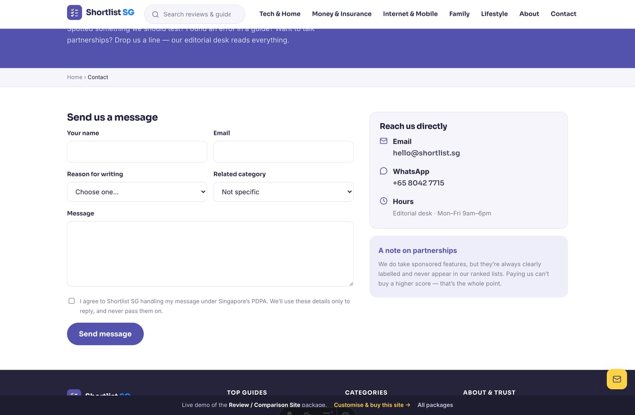 The contact page on the Shortlist SG demo — a PDPA-aware enquiry form for suggestions, corrections and partnerships