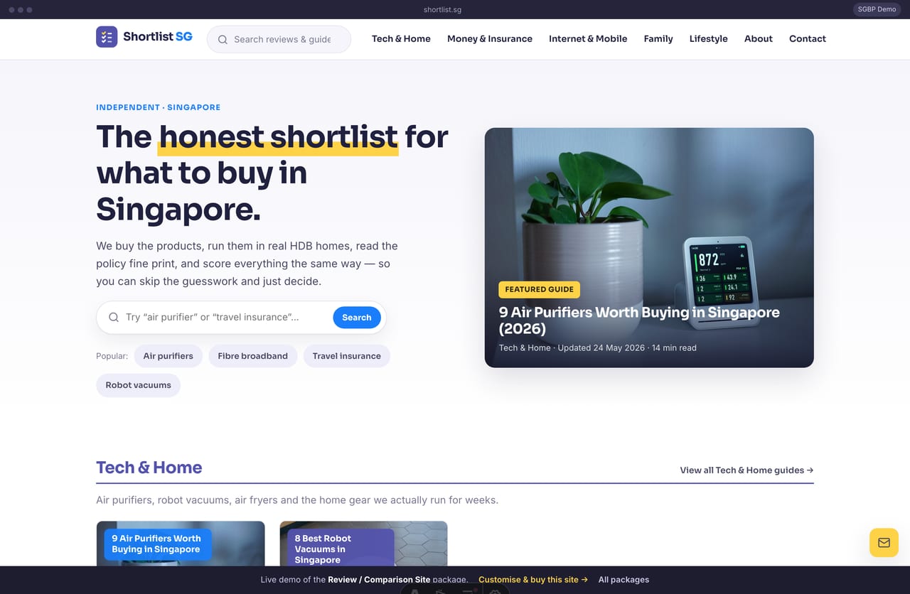 Shortlist SG review and comparison website homepage demo — an editorial hero with search, popular category chips and category-grouped roundup-article grids