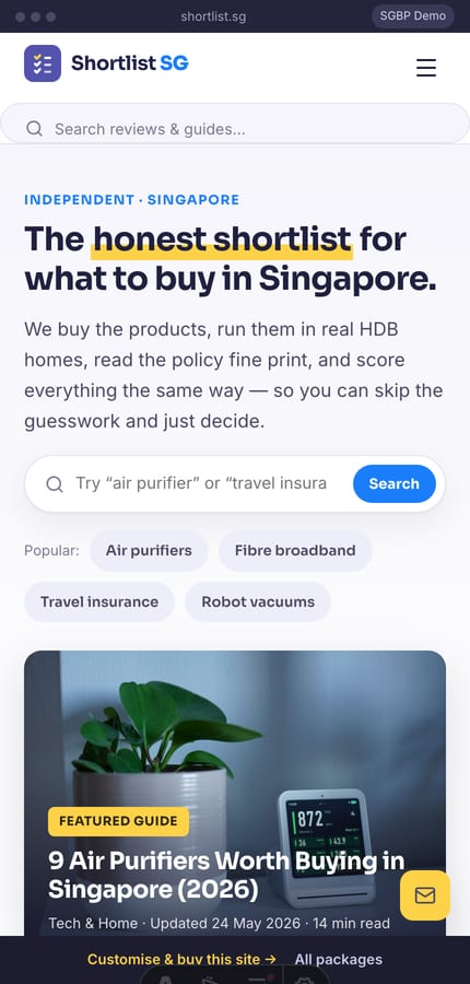 The Shortlist SG review website on mobile — editorial hero and roundup cards at 430px