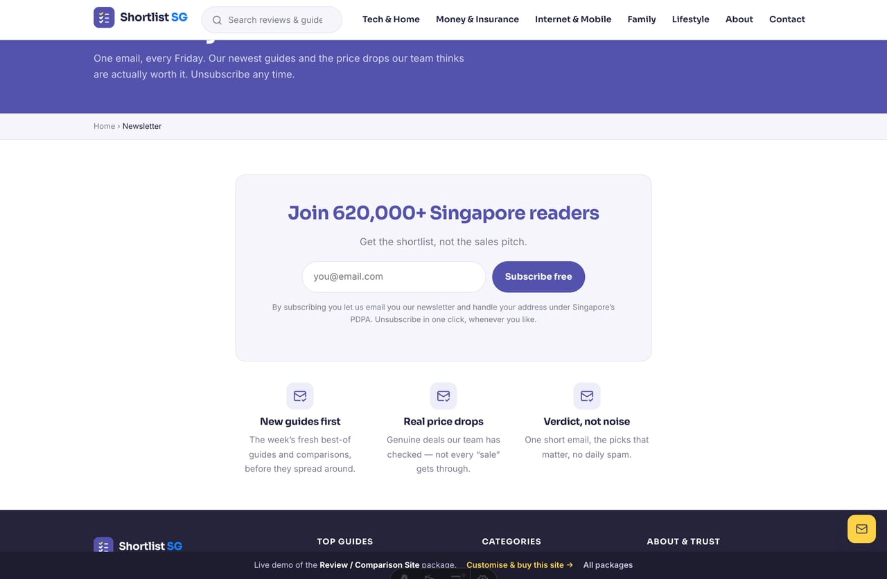The newsletter page on the Shortlist SG demo — PDPA-aware lead capture to build an owned audience