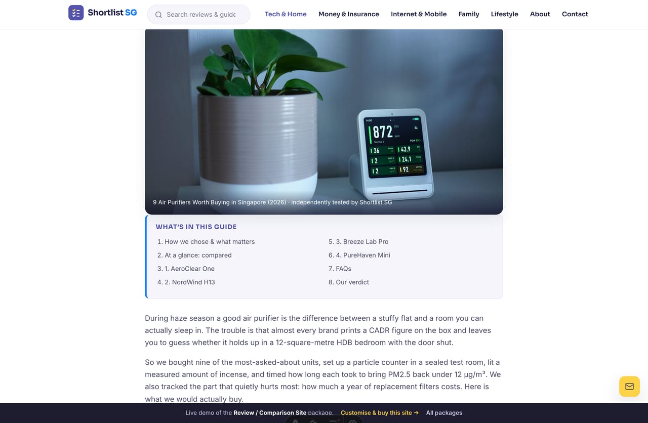 A "best in Singapore" roundup guide on the Shortlist SG demo — breadcrumb, title, table of contents and ranked picks with check-price buttons