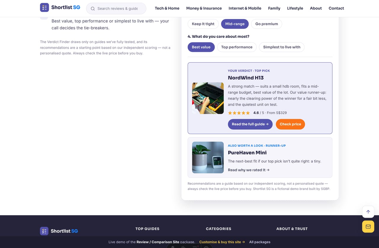 Verdict Finder result on the demo — a recommended top pick and a runner-up with a one-line why and a read-guide CTA