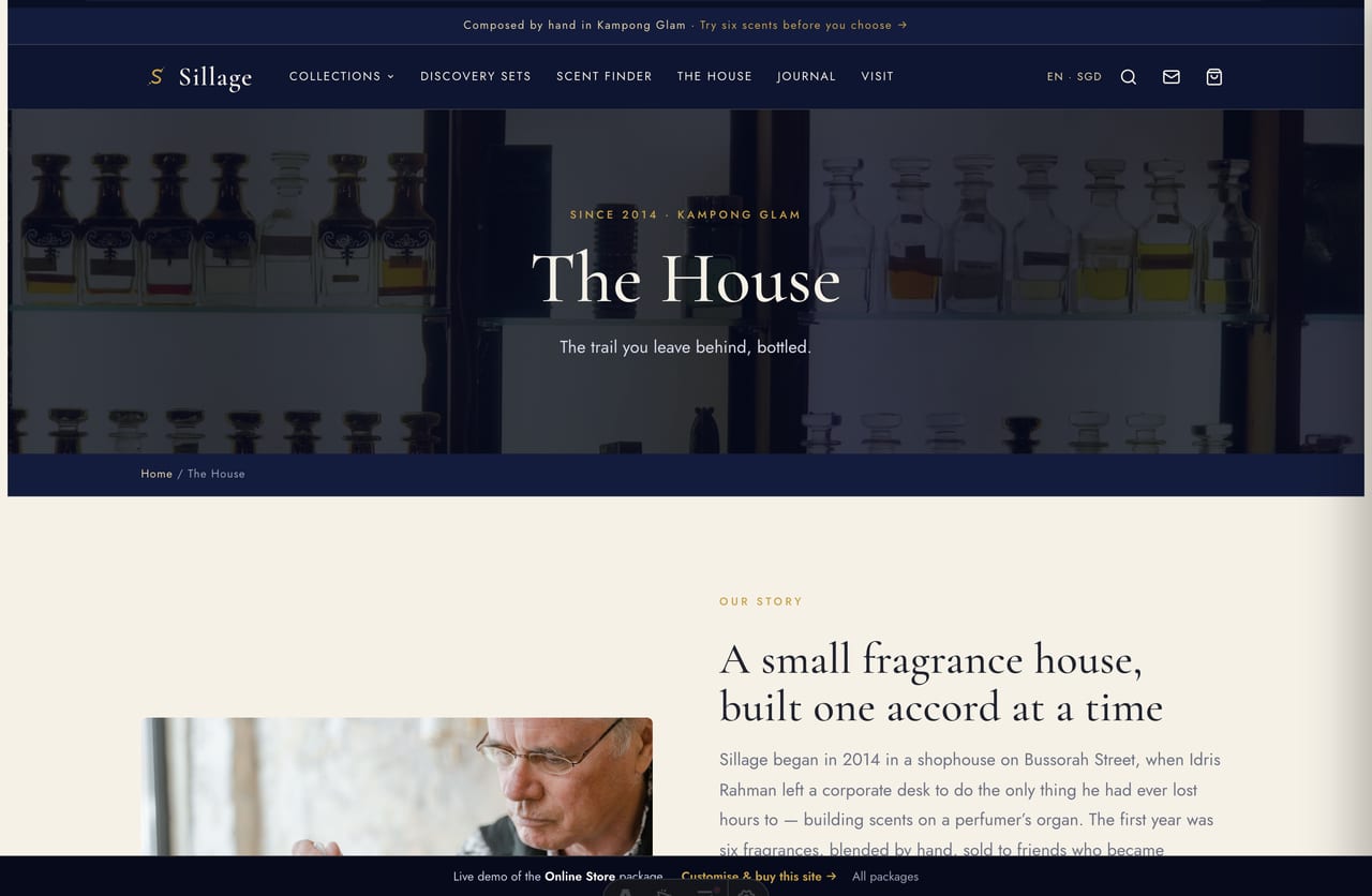 About and house-story page for a Singapore small-batch fragrance house in Kampong Glam
