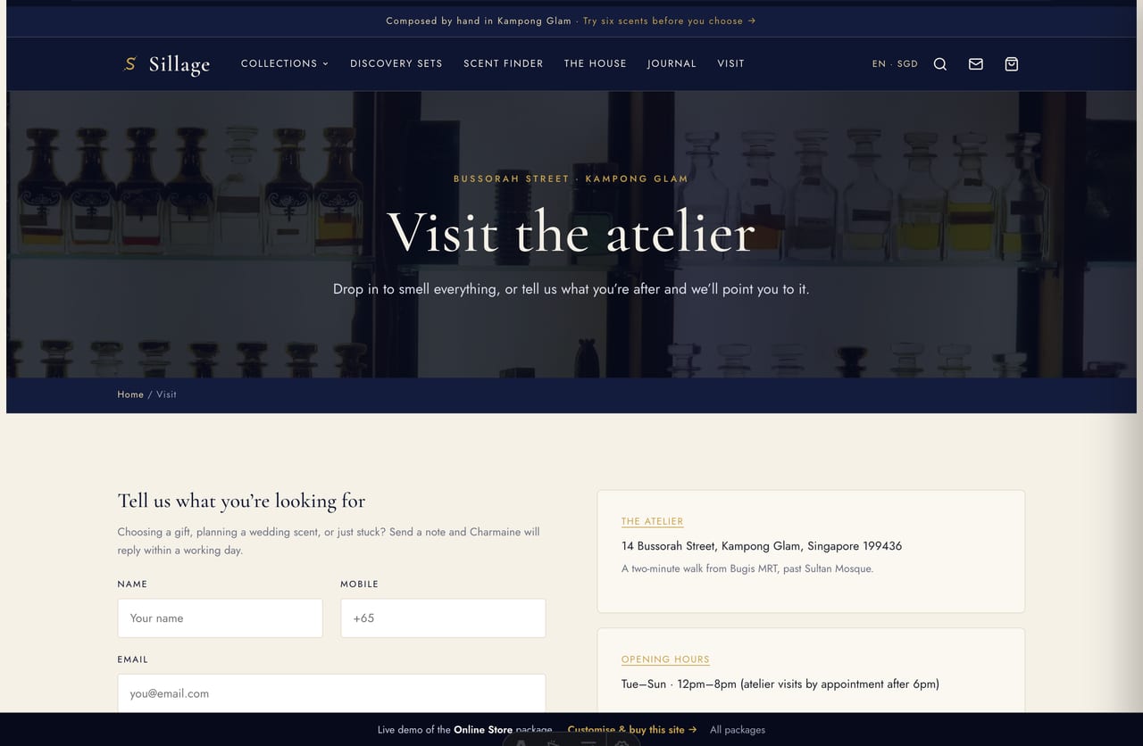 Visit, atelier address and WhatsApp page on the Sillage perfume store demo