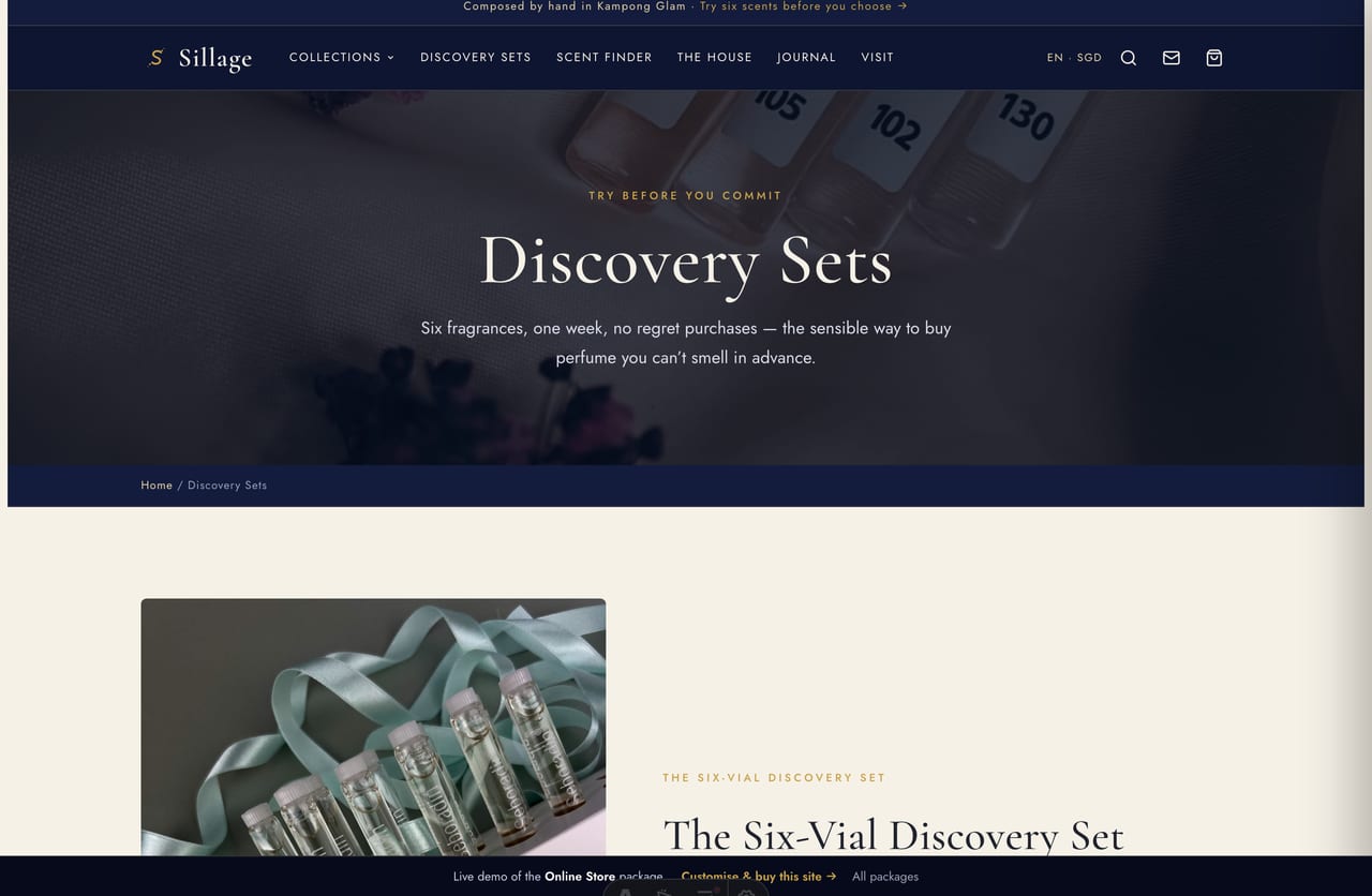 Six-vial discovery set page with try-before-you-buy credit on the Sillage perfume store