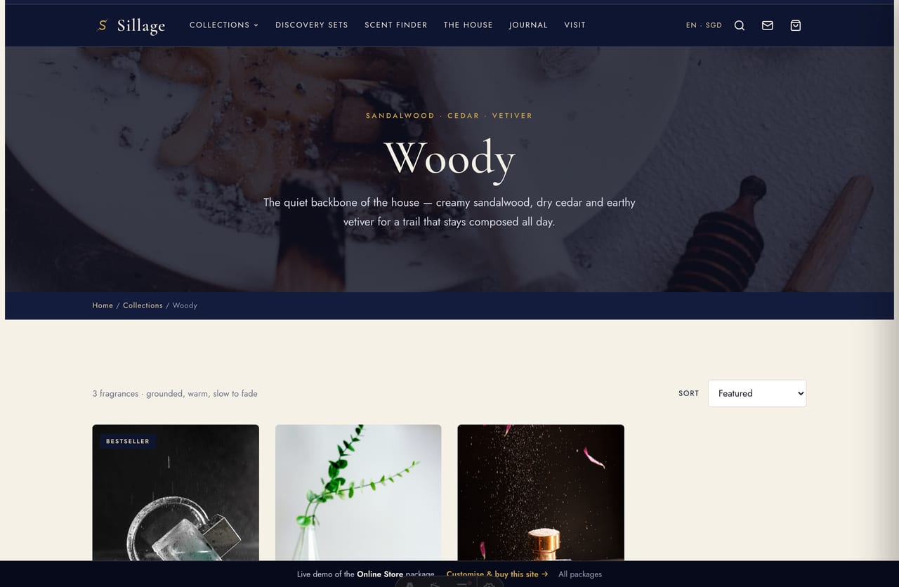 Woody scent-family page with sort and add-to-bag on the Singapore fragrance store demo