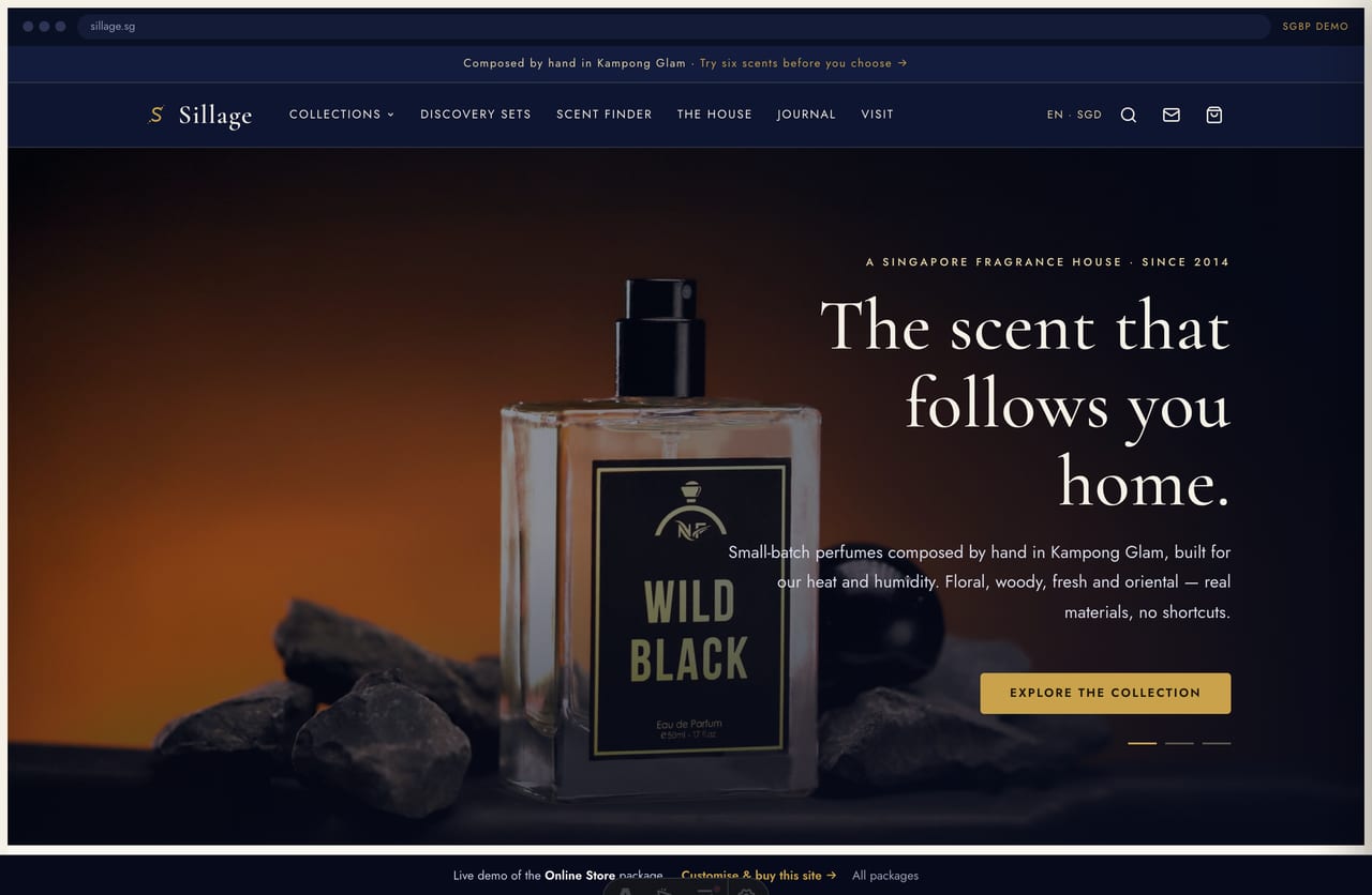 Sillage fragrance house online store homepage demo — cinematic dark hero, gold accents and scent-family storytelling (Singapore)