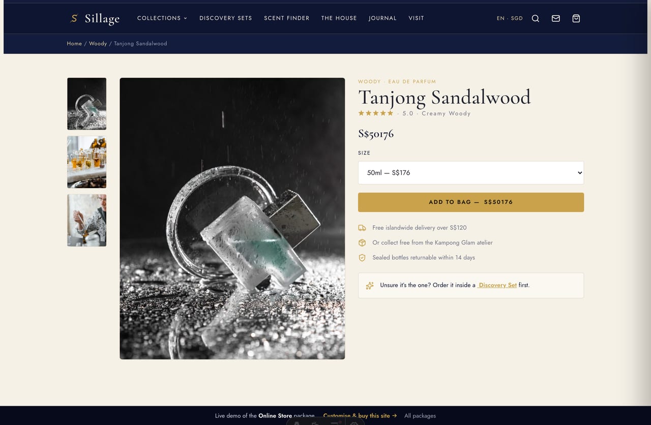 Perfume product page with notes pyramid, size options and add-to-bag