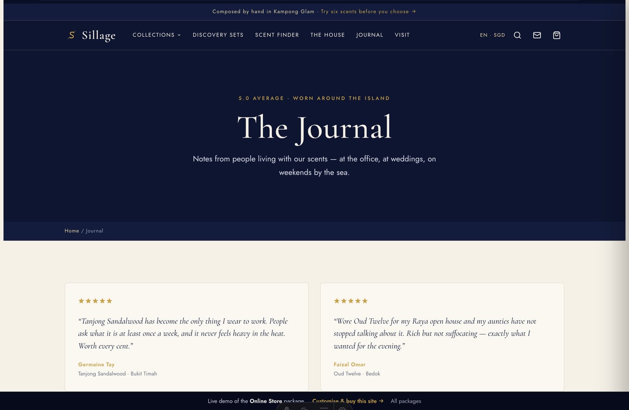 Singapore customer journal and star ratings on the Sillage fragrance house website