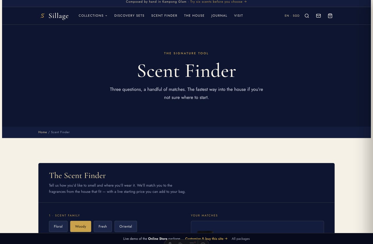 Interactive Scent Finder tool on the Sillage Singapore fragrance store — family, intensity and occasion matcher