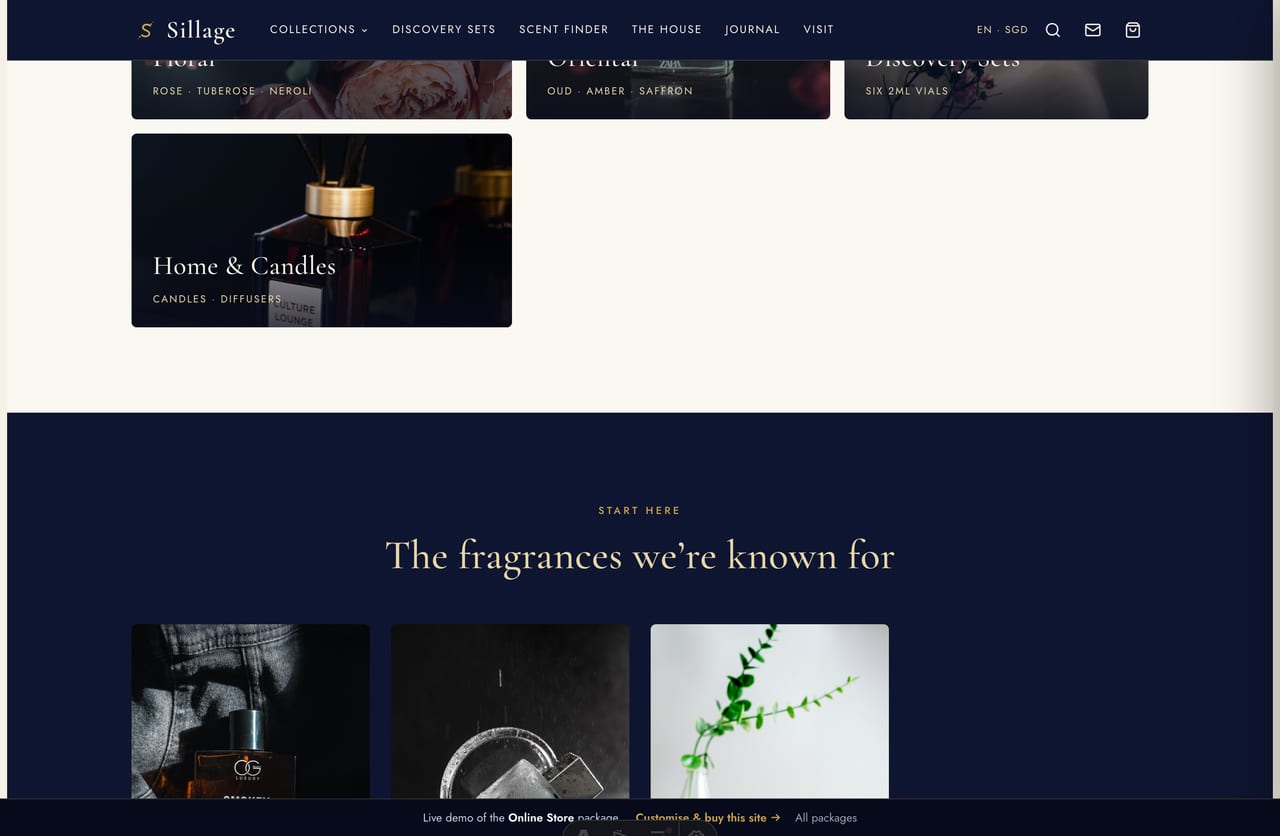 Signature fragrances row with live SGD pricing on the Sillage perfume store
