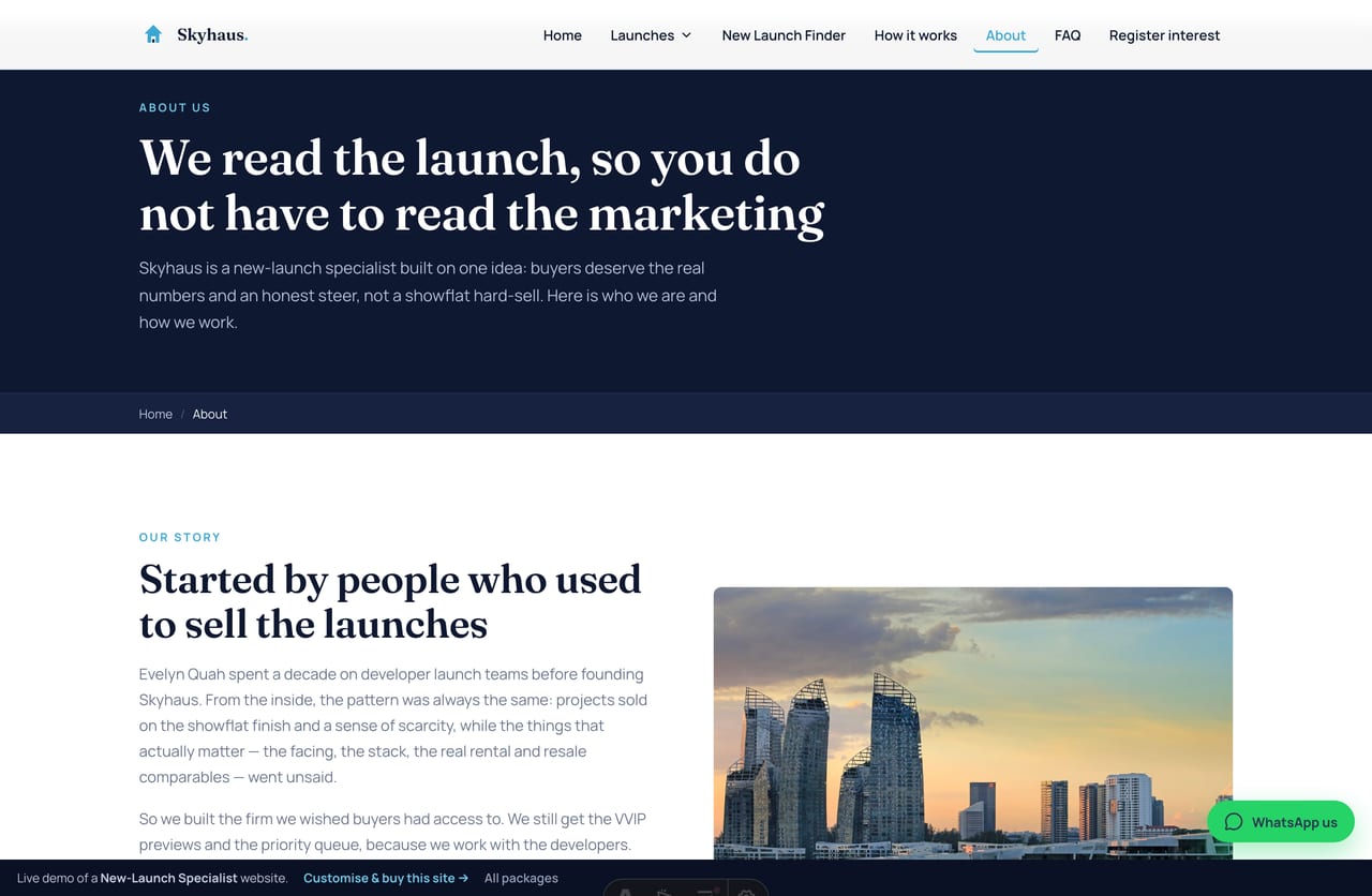 About the new-launch specialist firm page with team on a Singapore new-launch website