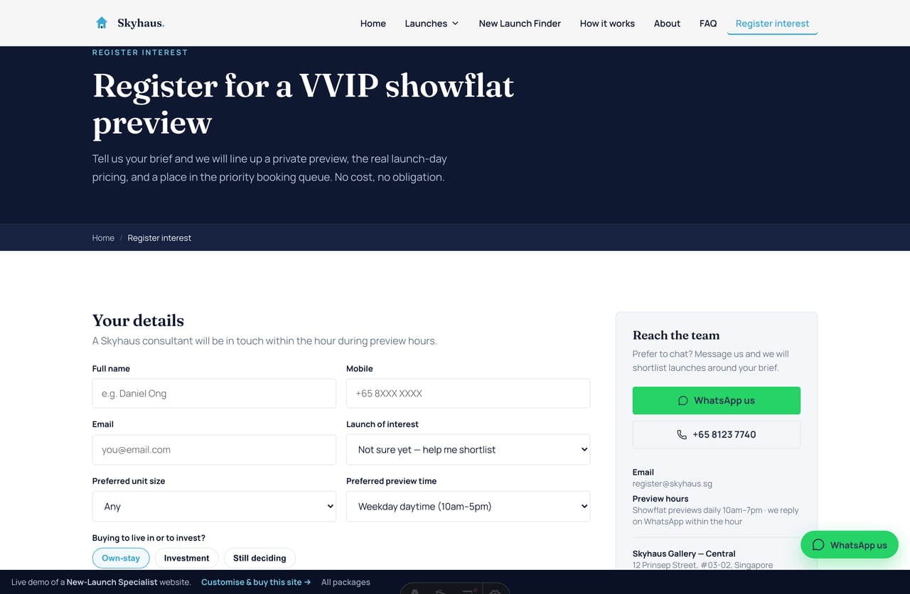 Register-interest form page on a Singapore new-launch specialist website