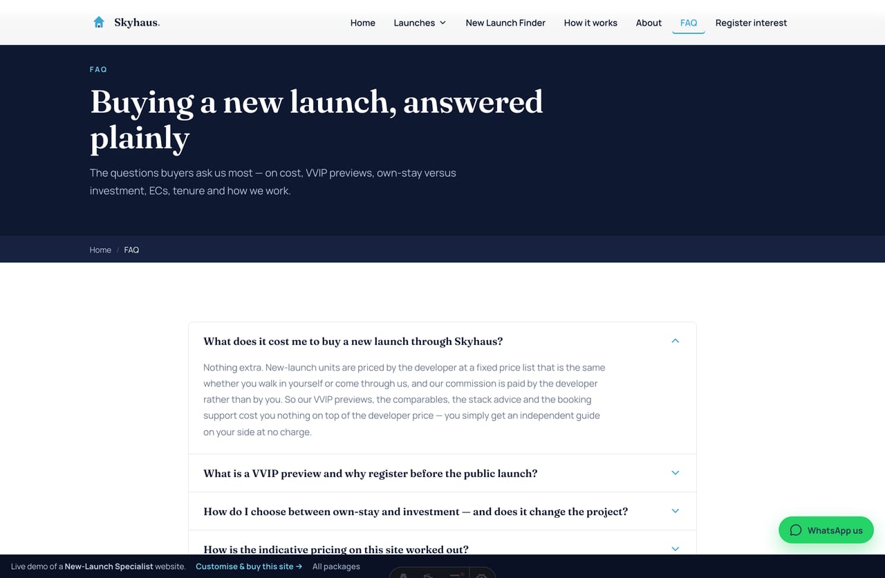 New-launch FAQ accordion page on a Singapore new-launch website