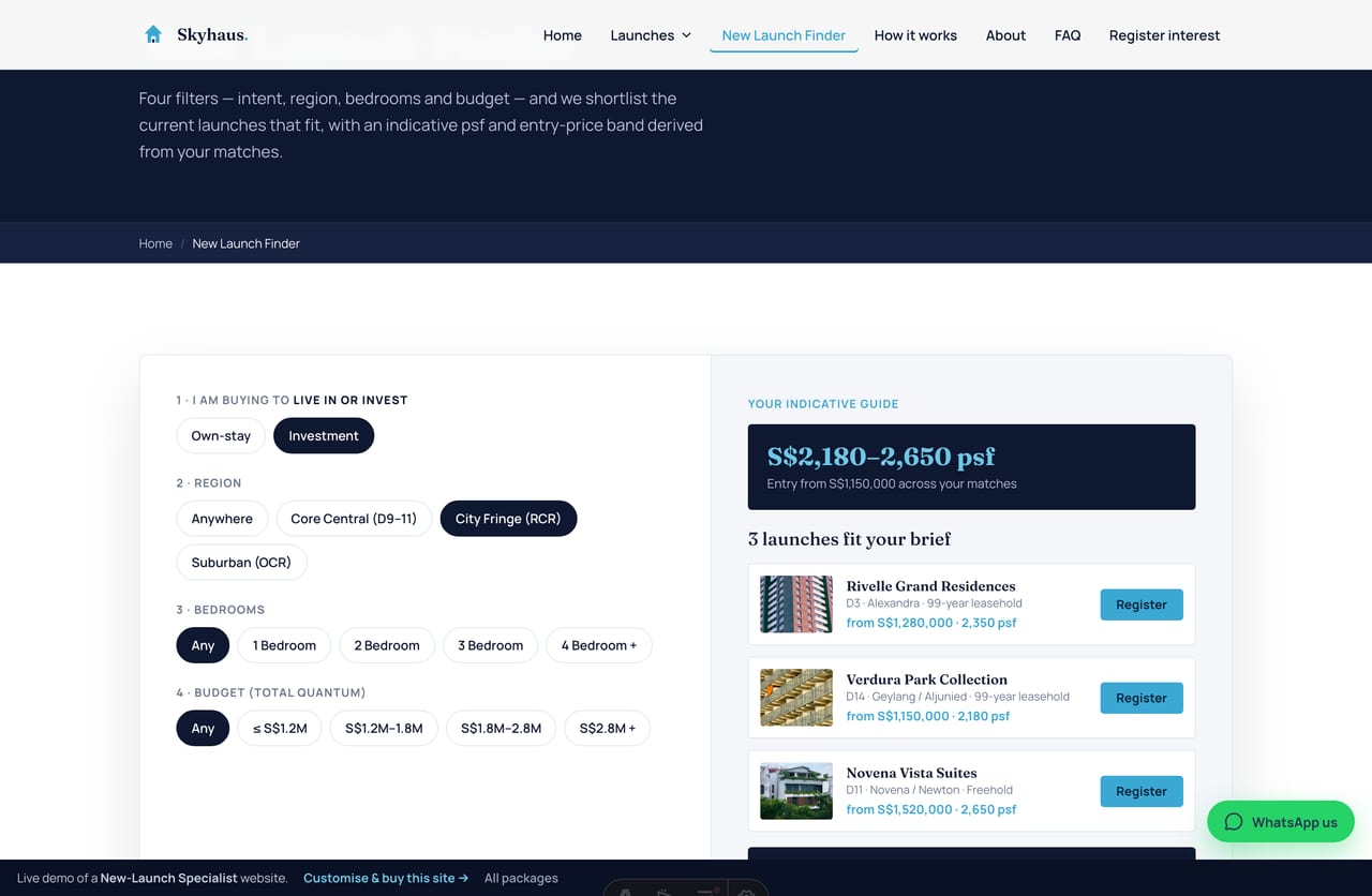 New Launch Finder showing matched launches and an indicative psf band on a Singapore new-launch website