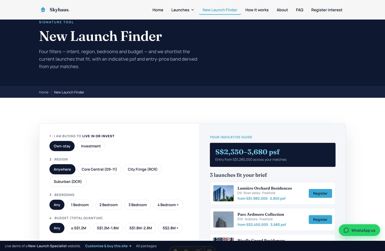 New Launch Finder interactive tool with an indicative price guide on a Singapore new-launch website