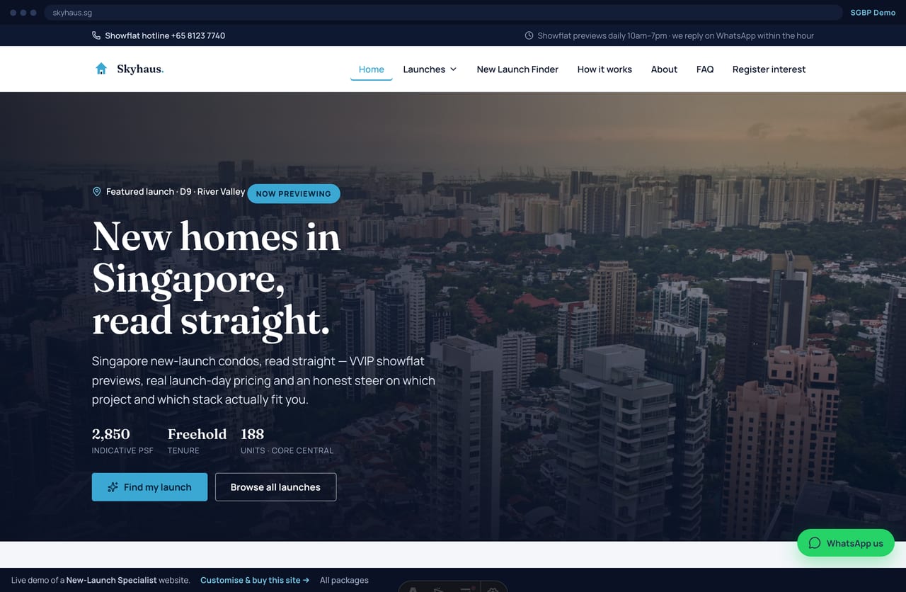 Skyhaus new-launch specialist website homepage demo — full-bleed project-render hero with status pill and indicative psf (Singapore)