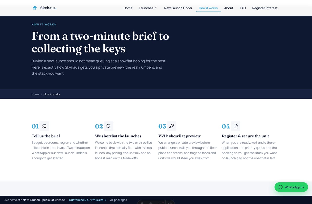 How buying a new launch works page on a Singapore new-launch specialist website