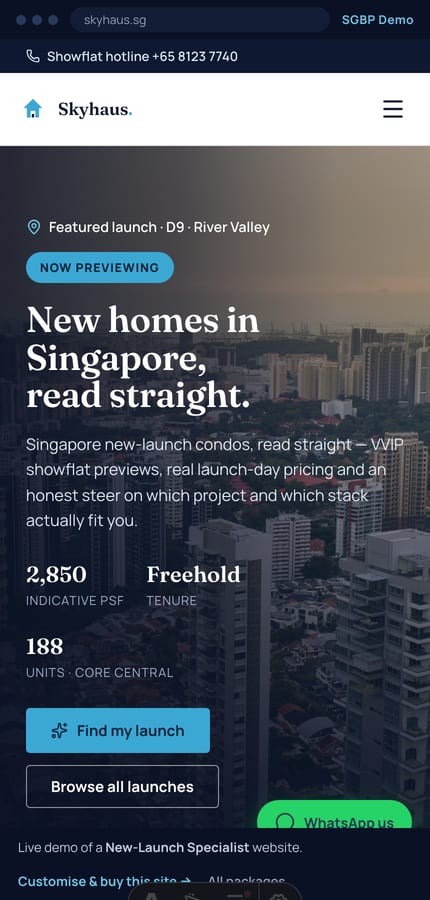 Mobile view of the Skyhaus new-launch specialist website with the project-render hero