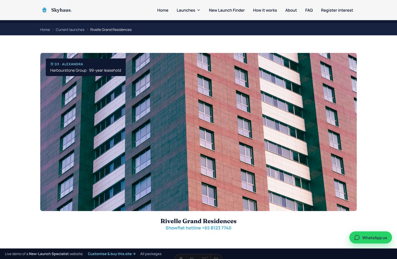 New-launch project detail page with spec table, unit mix and amenities on a Singapore new-launch website
