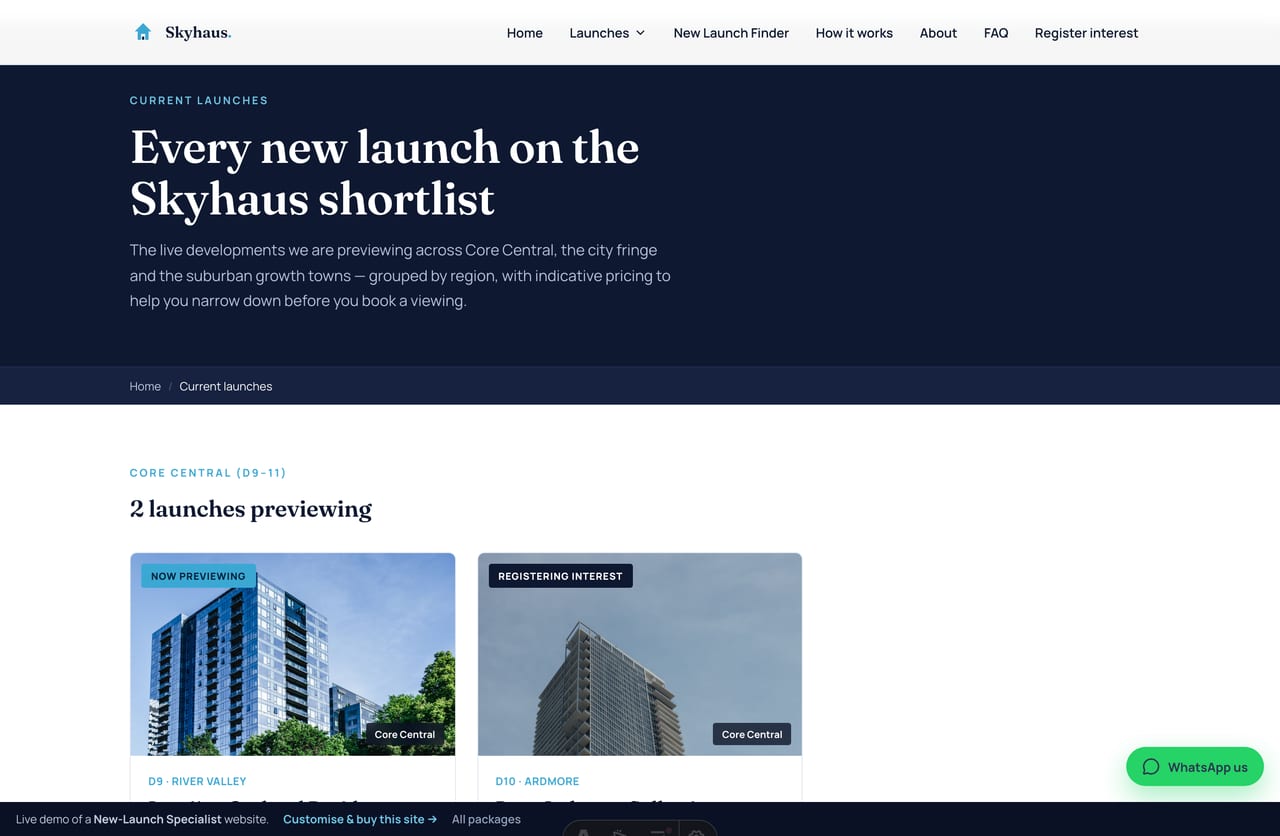 Current new launches listing page grouped by region with status ribbons on a Singapore new-launch website