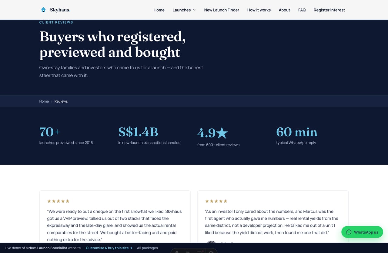 Client reviews page on a Singapore new-launch specialist website