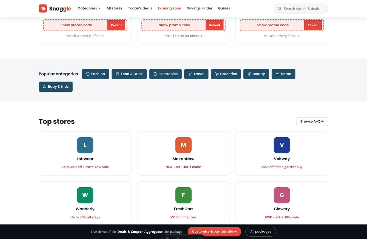 Popular categories pill row and top-stores grid on a deals aggregator site