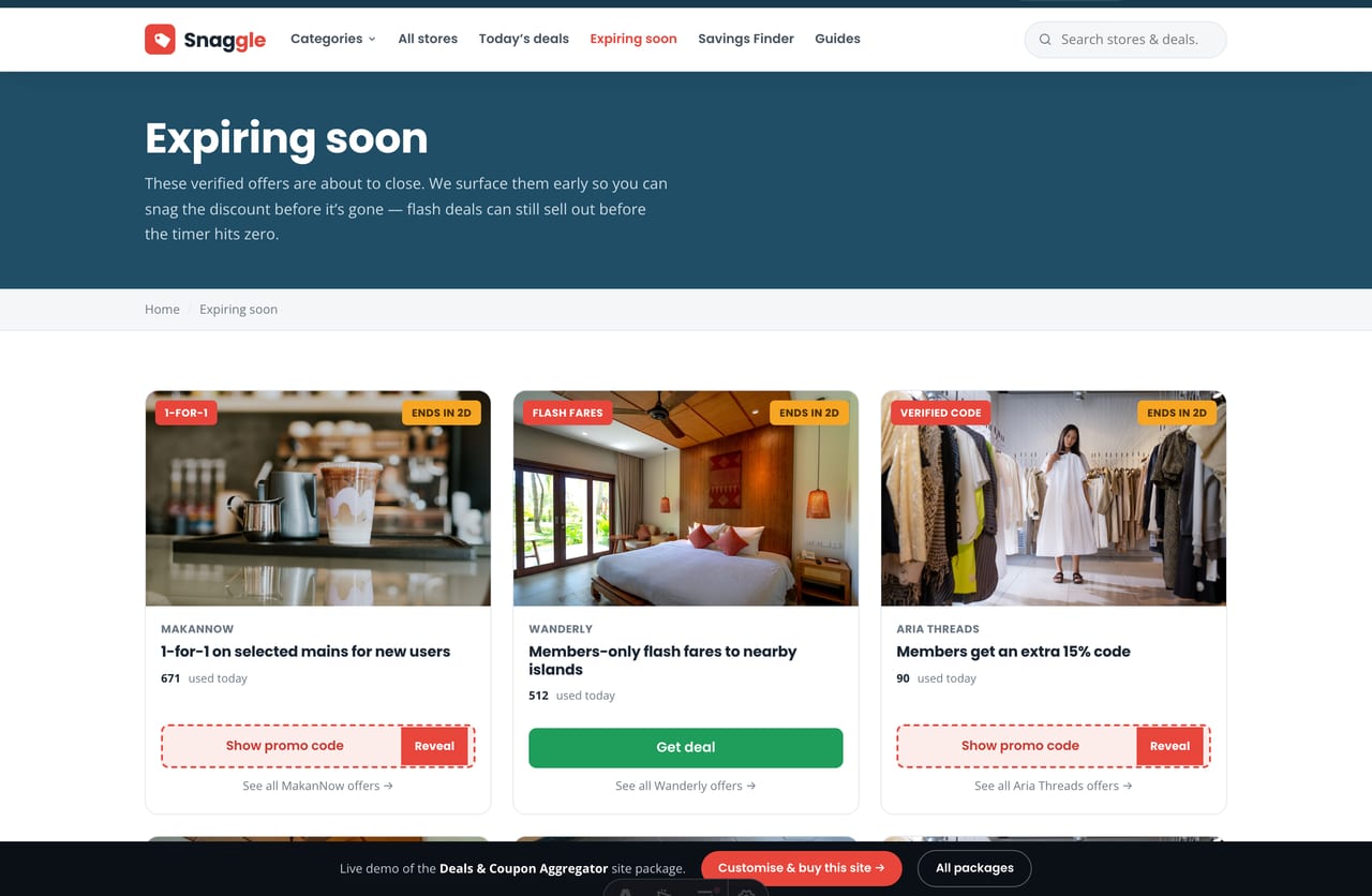 Expiring-soon deals page flagging offers about to close on Snaggle