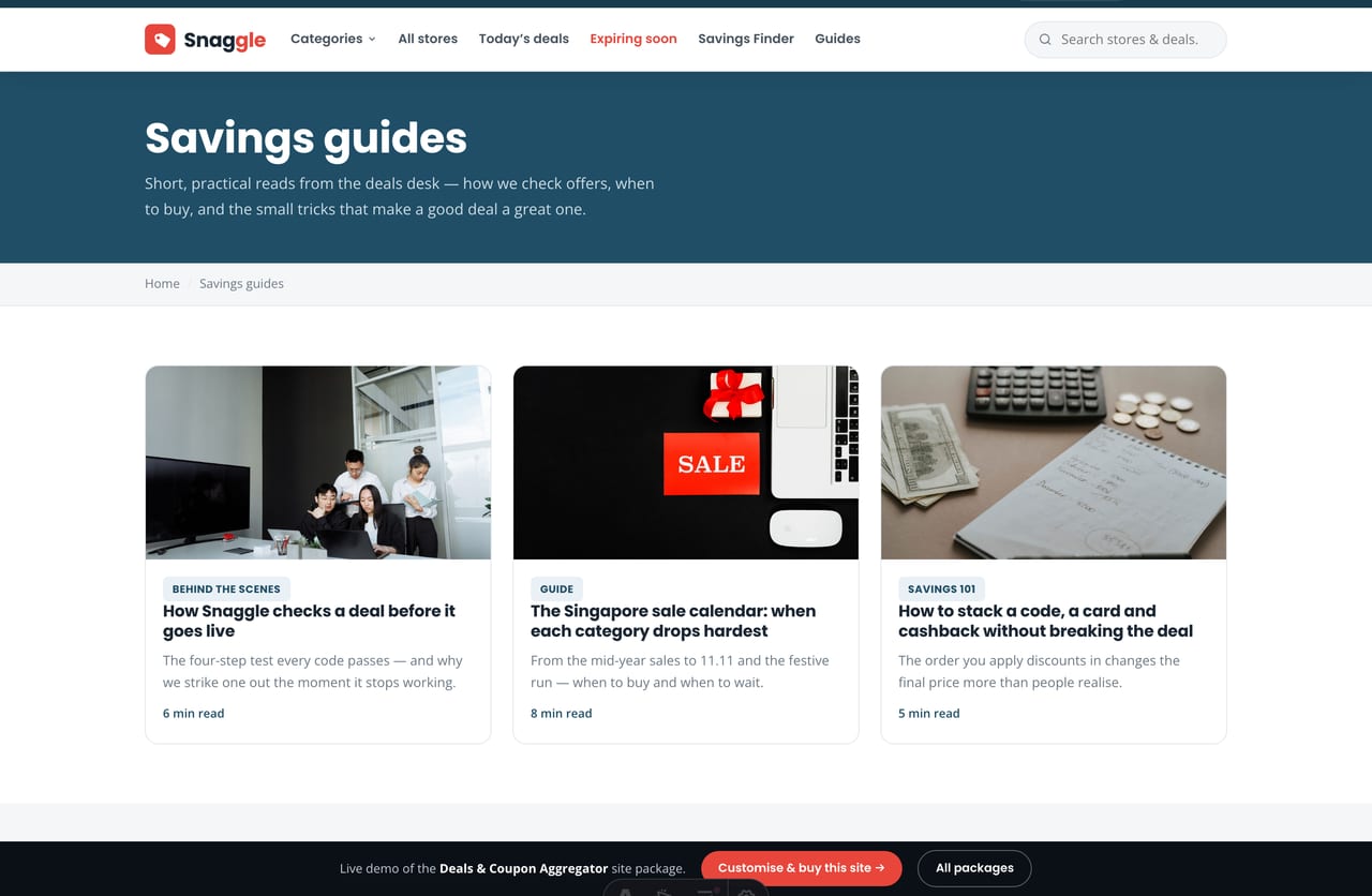 Savings guides and how-we-pick editorial section on a coupon website