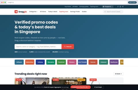 Snaggle deals and coupon website homepage demo — search hero, store-logo strip and trending deal grid (Singapore)