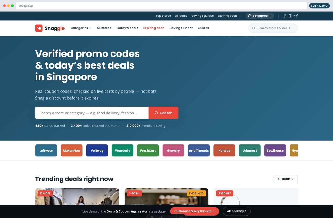 Snaggle deals and coupon website homepage demo — search hero, store-logo strip and trending deal grid (Singapore)