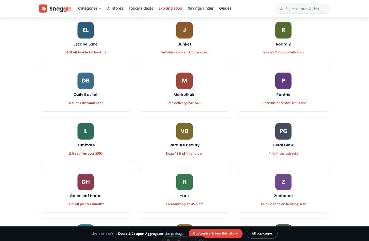 Latest offers grid on a coupon and promo-code website in Singapore