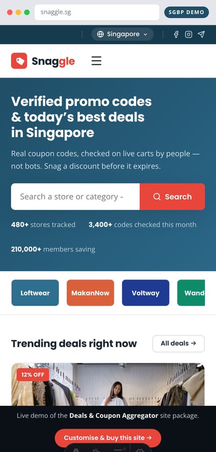 Mobile view of the Snaggle deals website with deal cards stacked on a phone